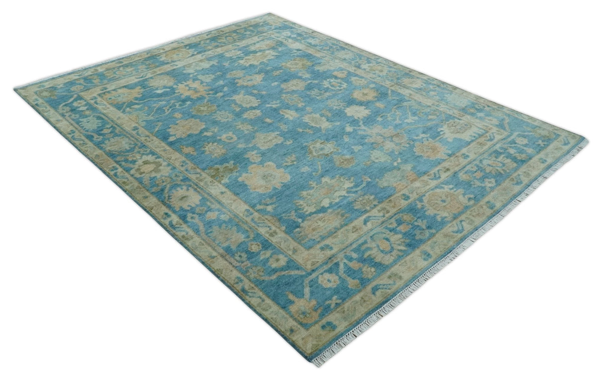 Custom Made Oushak Hand Knotted Blue and Beige Traditional Wool Rug