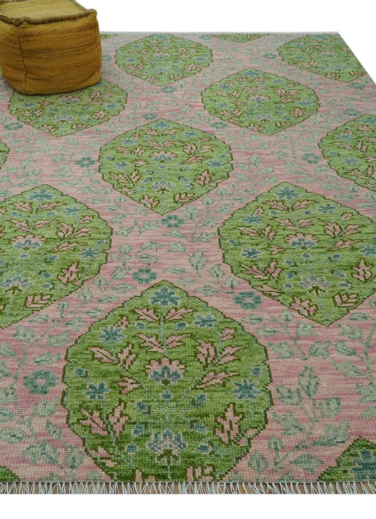Custom Made Pink And Green Traditional Floral Motifs Design Hand Knotted wool area rug
