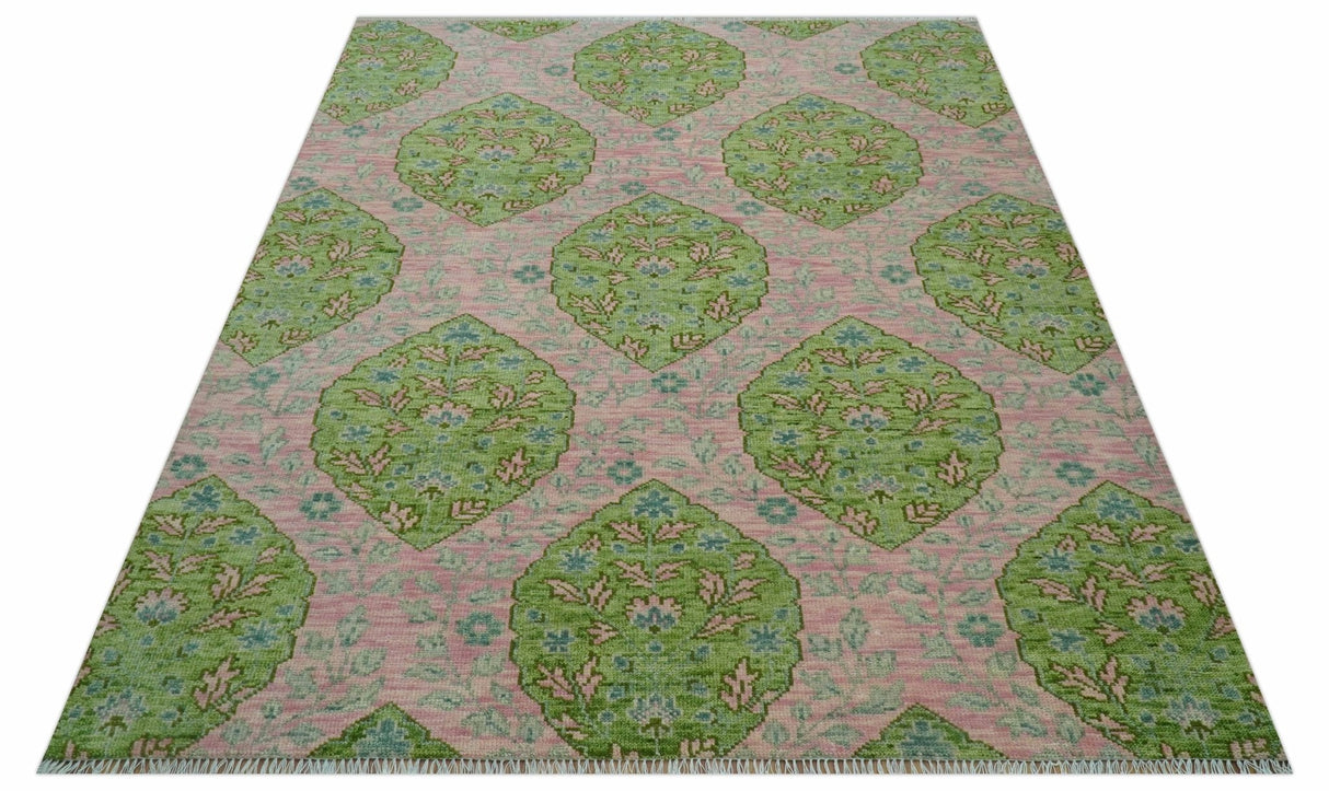 Custom Made Pink And Green Traditional Floral Motifs Design Hand Knotted wool area rug