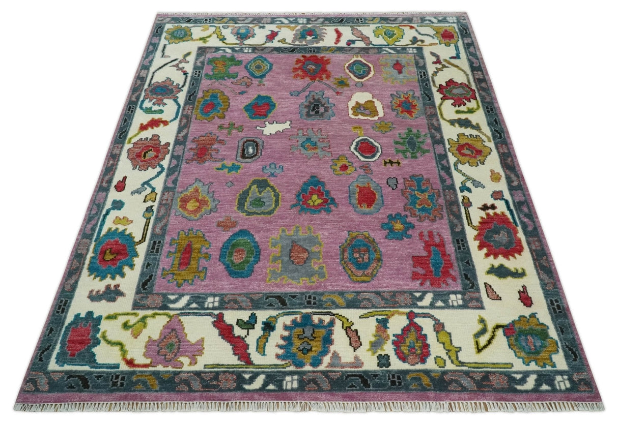 Custom Made Purple and Ivory Hand knotted Traditional Oushak wool Area Rug