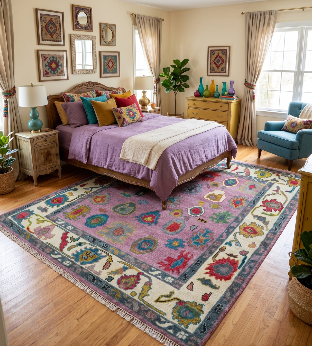 Custom Made Purple and Ivory Hand knotted Traditional Oushak wool Area Rug