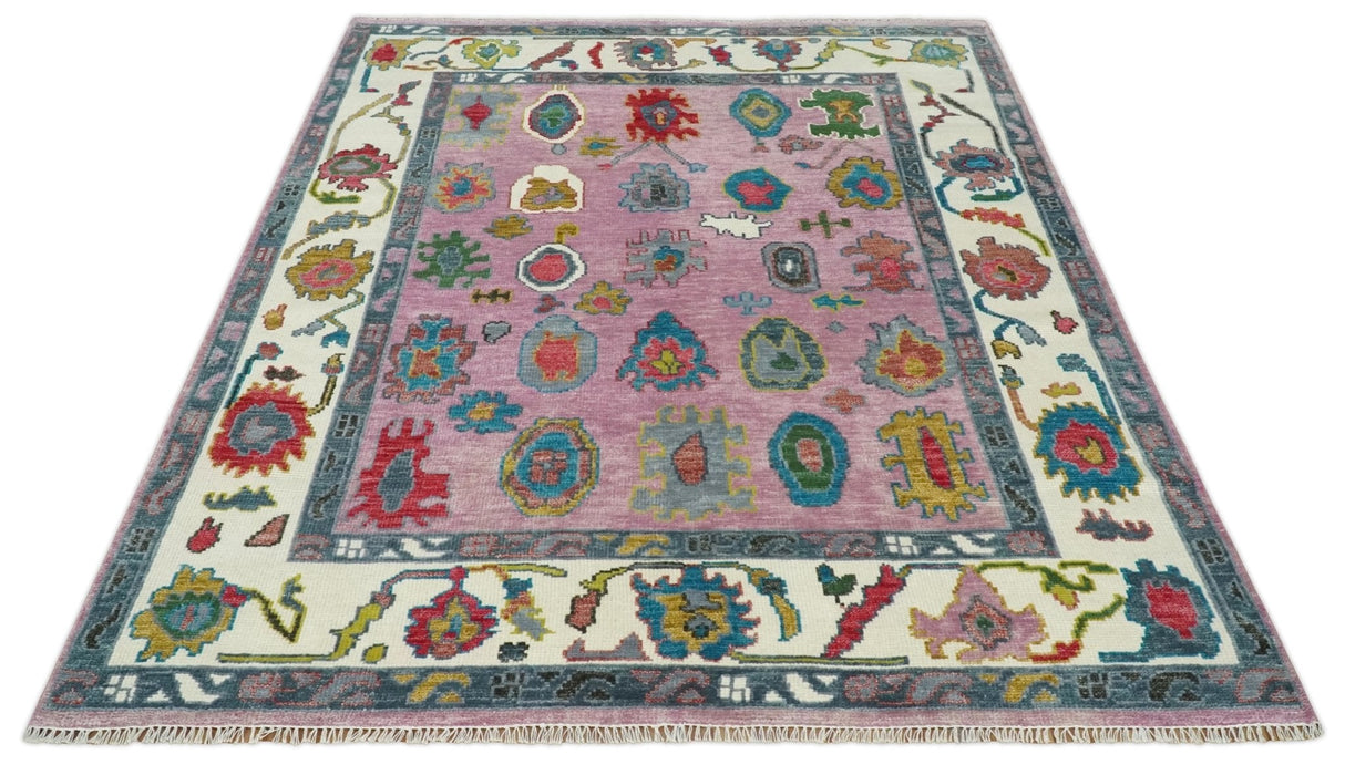 Custom Made Purple and Ivory Vibrant Colorful Hand knotted Oushak wool Rug