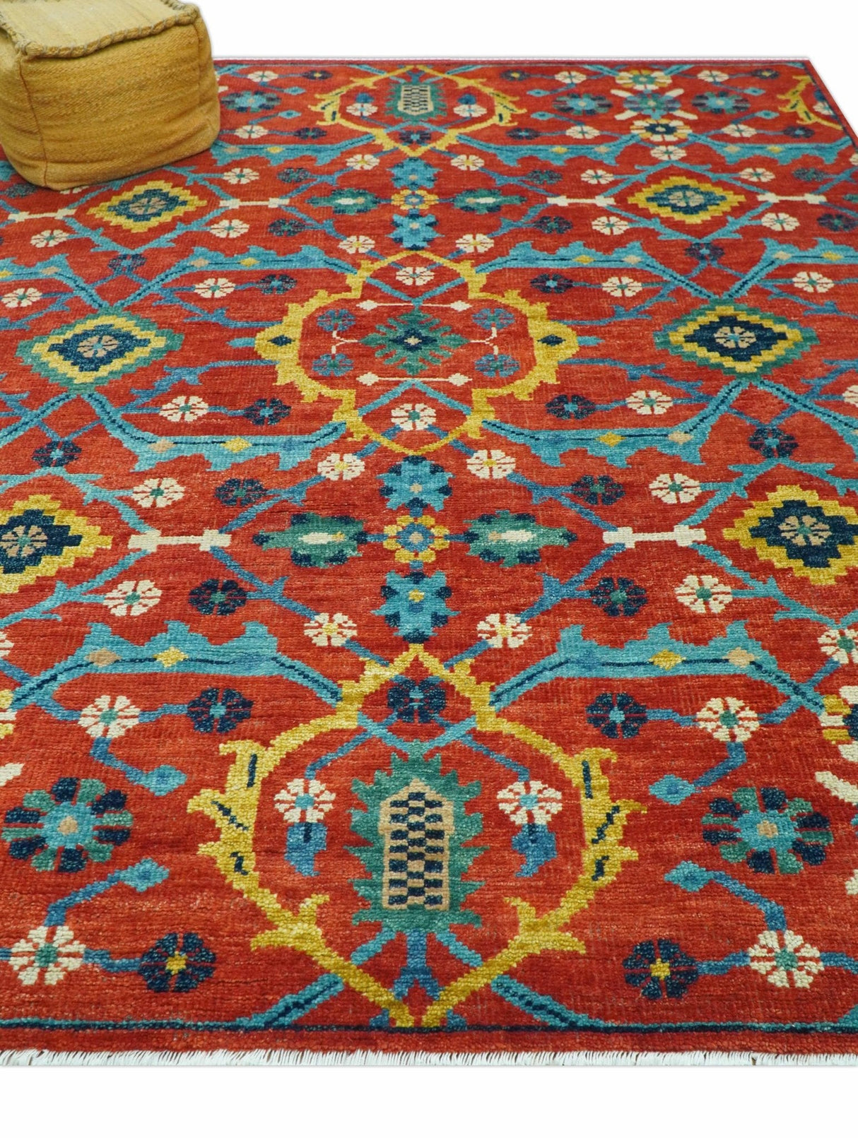 Custom Made Red And Blue Traditional Floral Motifs Hand Knotted Wool Rug