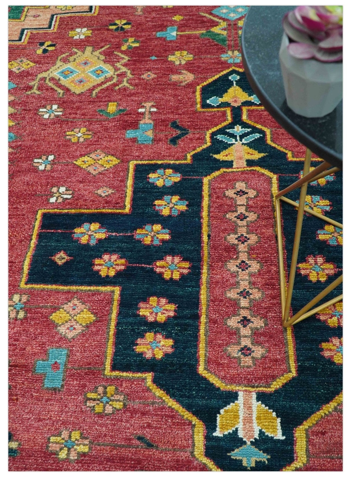 Custom Made Red And Green Traditional Heriz Design Hand Knotted Wool Rug