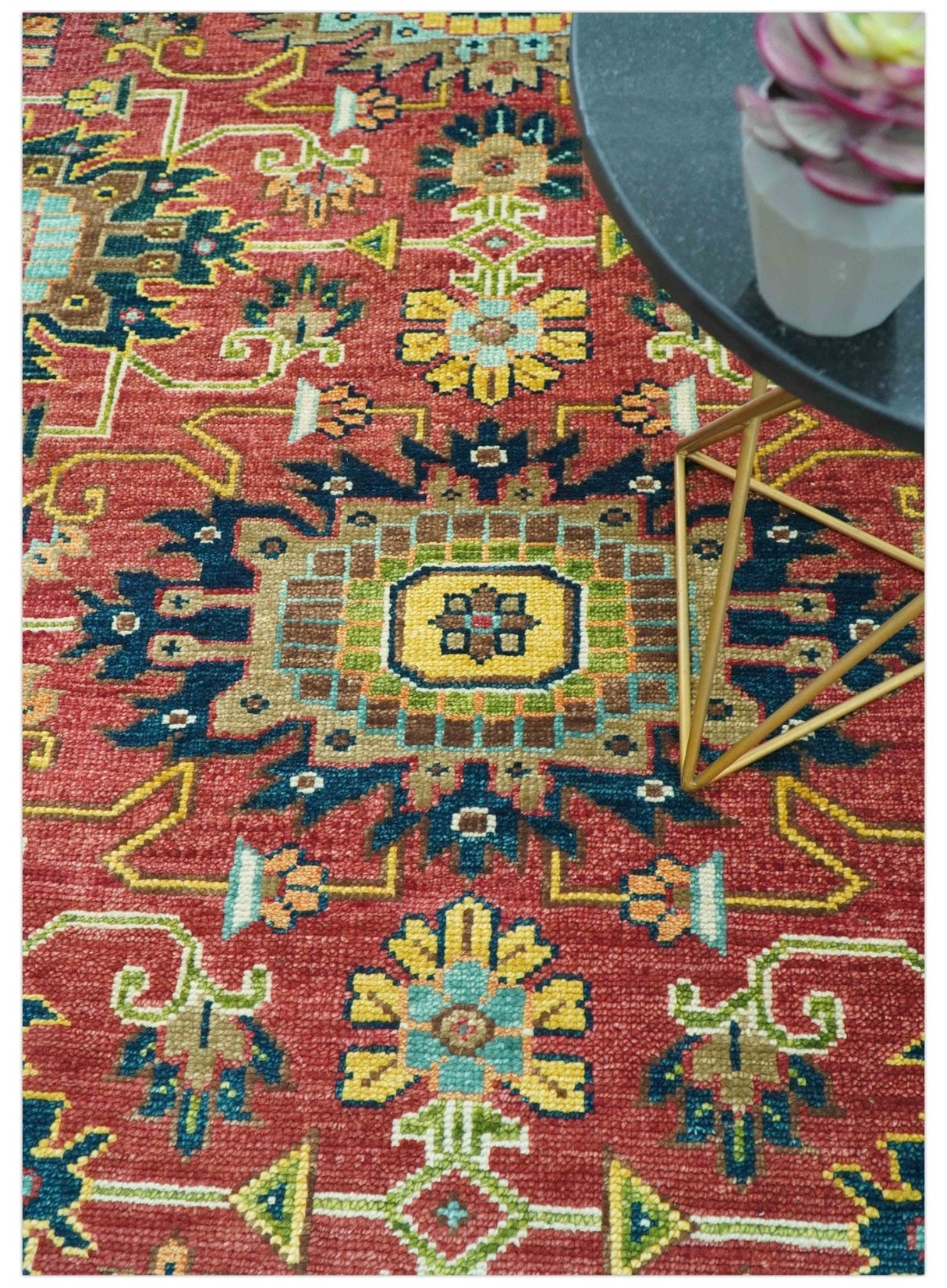 Custom Made Red And Mustard Traditional Floral Design Hand Knotted Wool Rug