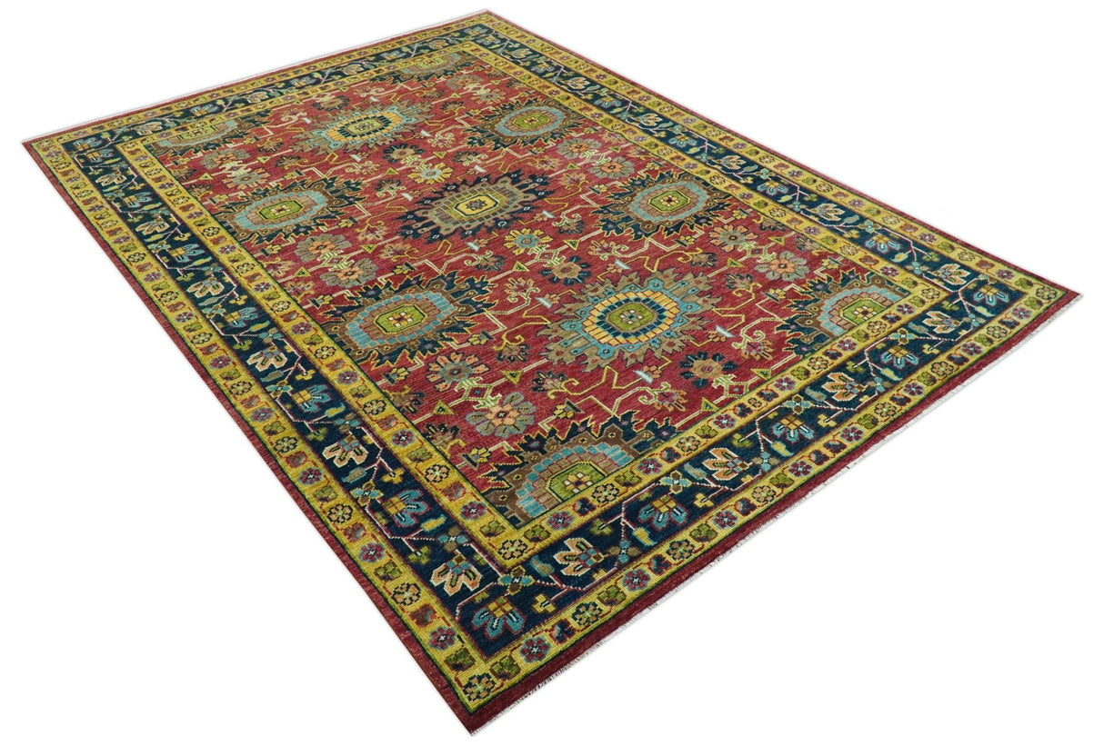 Custom Made Red And Mustard Traditional Floral Design Hand Knotted Wool Rug
