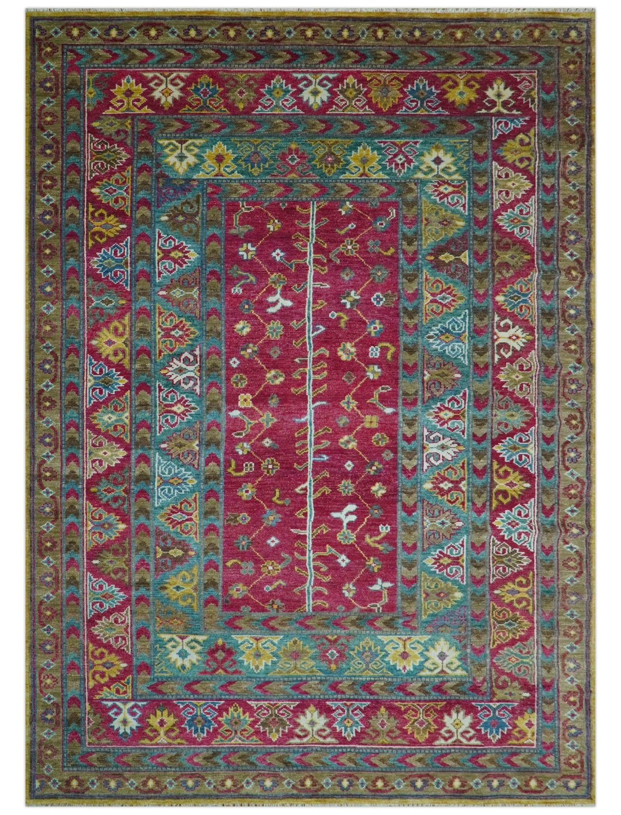 Custom Made Red And Olive Traditional Floral Design Hand Knotted Wool Rug