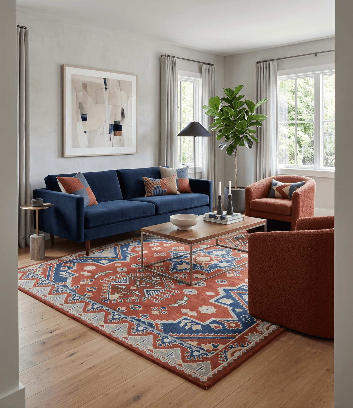 Custom Made Red, Blue, Gray and Mustard Traditional Hand knotted wool Area Rug