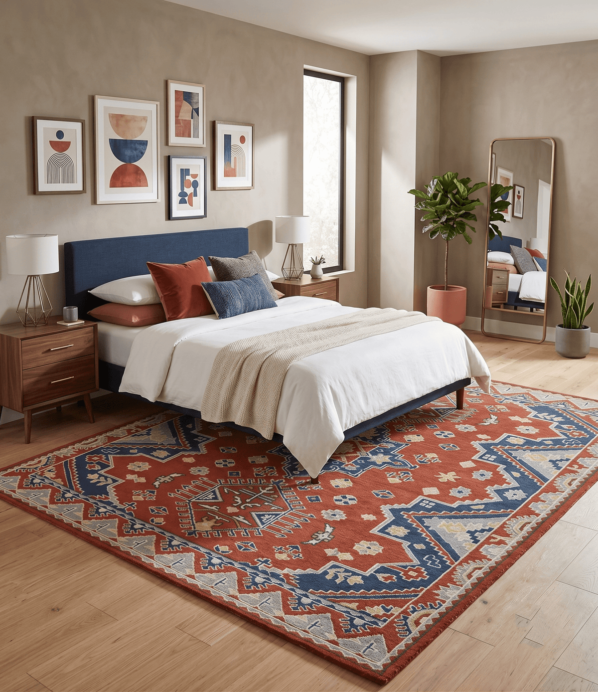 Custom Made Red, Blue, Gray and Mustard Traditional Hand knotted wool Area Rug