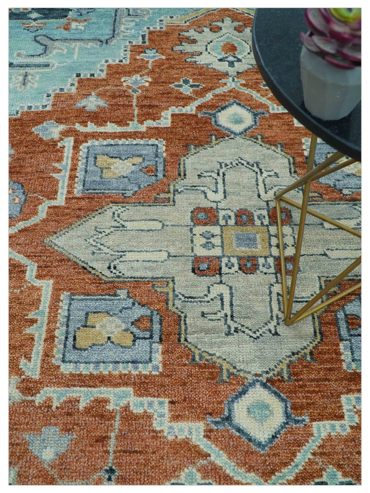Custom Made Rust And Blue Traditional Serapi Design Hand Knotted Wool Rug