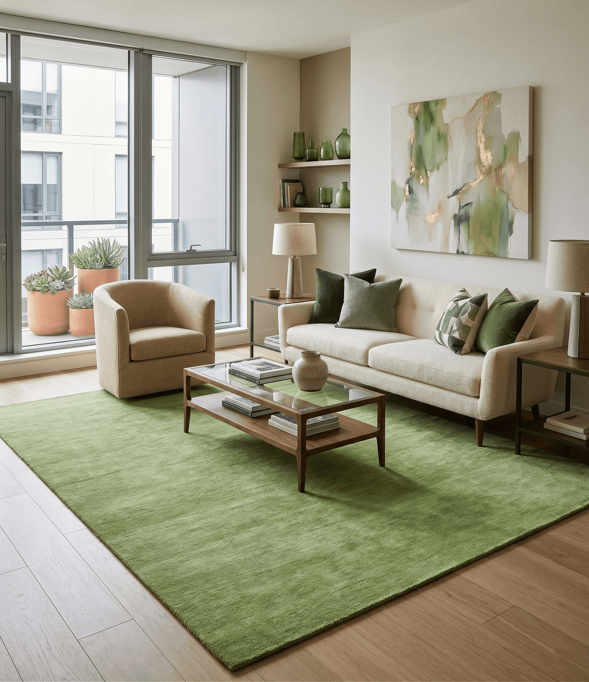 Custom Made solid Green Woolen Hand Tufted contemporary area Rug