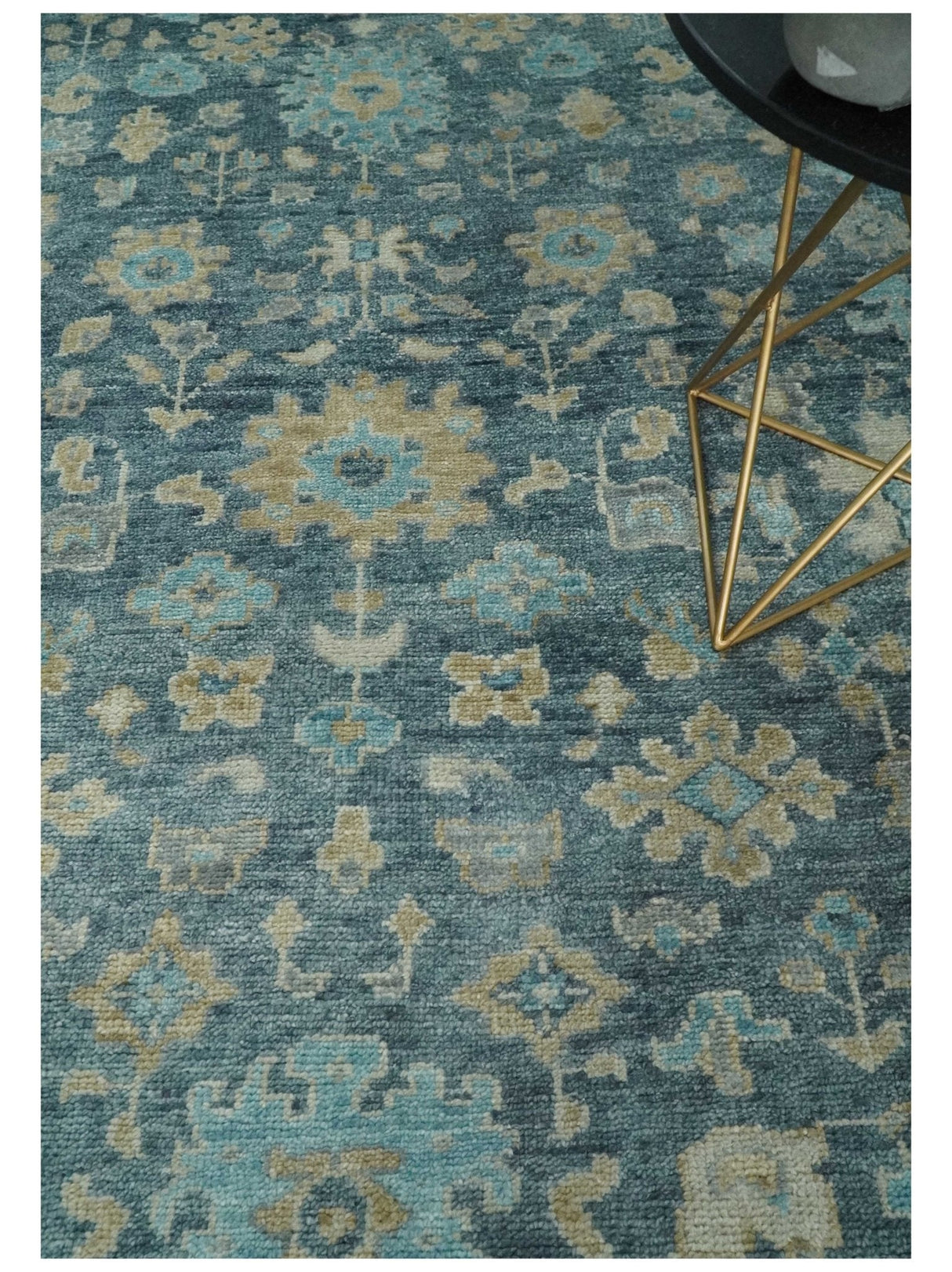 Custom Made Teal and Beige Hand Knotted Oriental Oushak Wool Area Rug