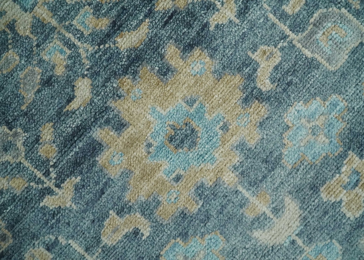 Custom Made Teal and Beige Hand Knotted Oriental Oushak Wool Area Rug