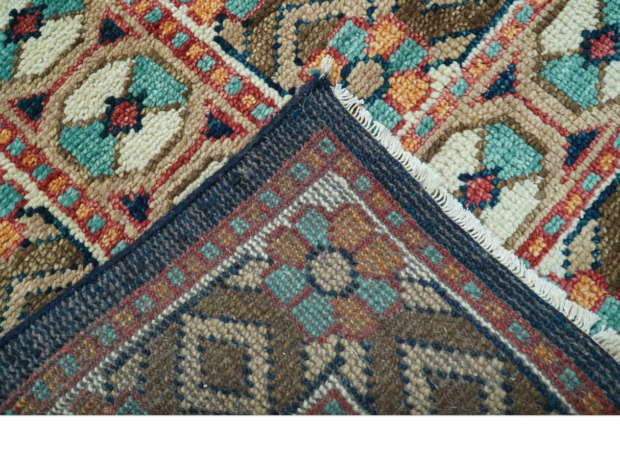 Custom Made Teal And Brown Traditional Tribal Design Hand Knotted Wool Rug