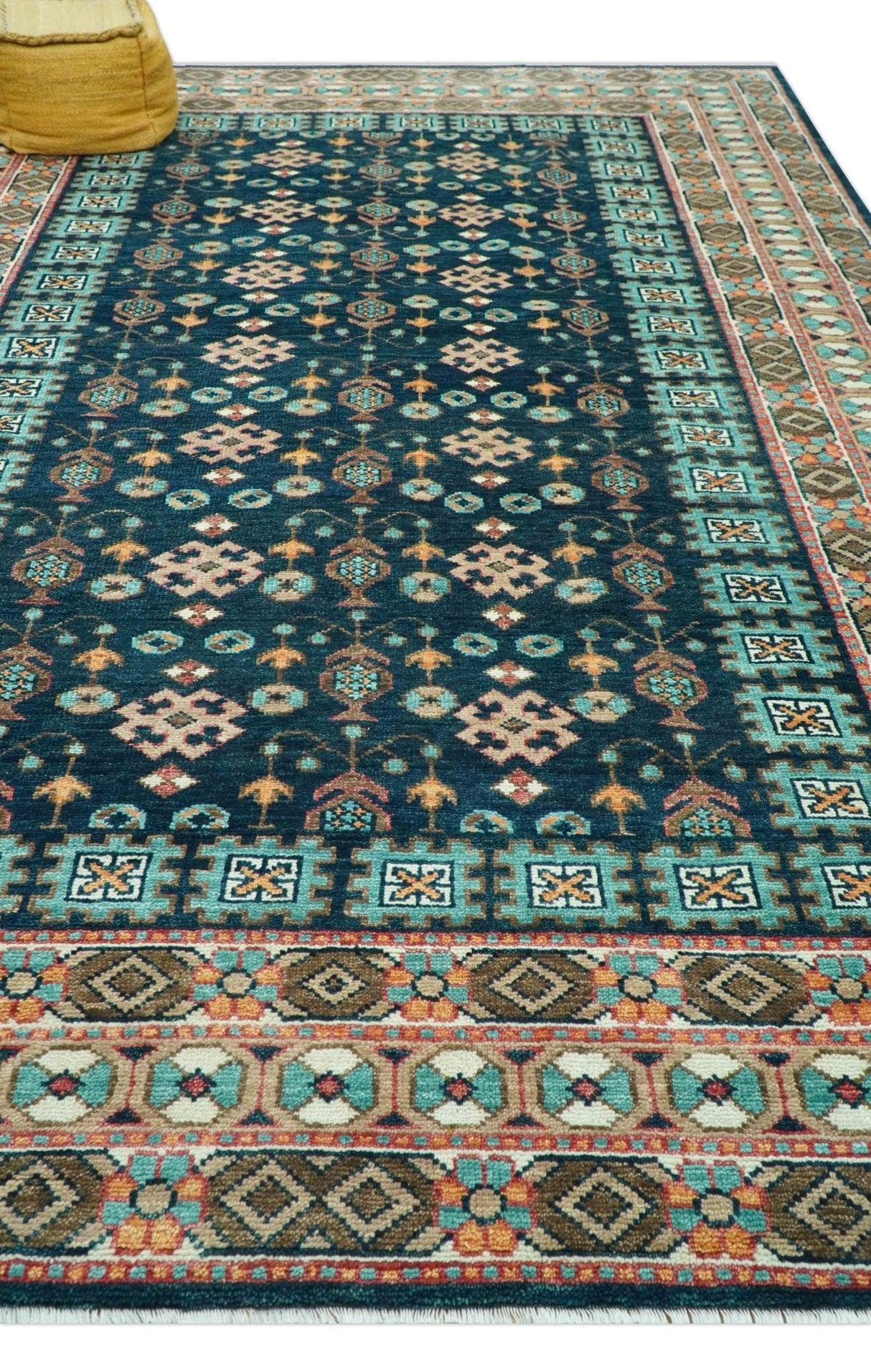 Custom Made Teal And Brown Traditional Tribal Design Hand Knotted Wool Rug