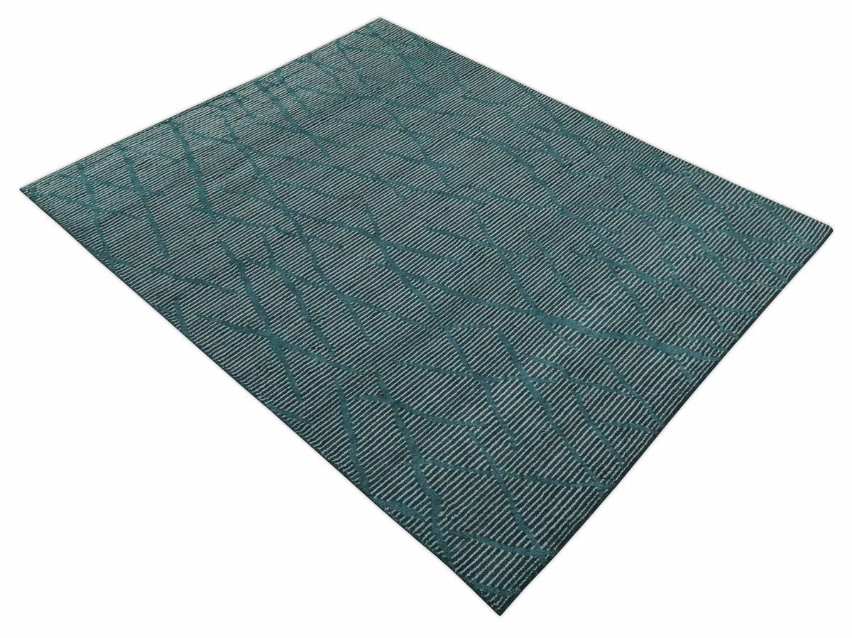Custom Made Teal and Ivory Modern Stripes Design Hand Knotted wool Area Rug