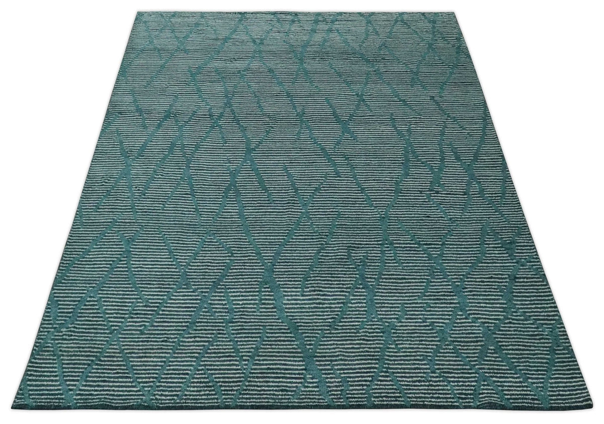 Custom Made Teal and Ivory Modern Stripes Design Hand Knotted wool Area Rug