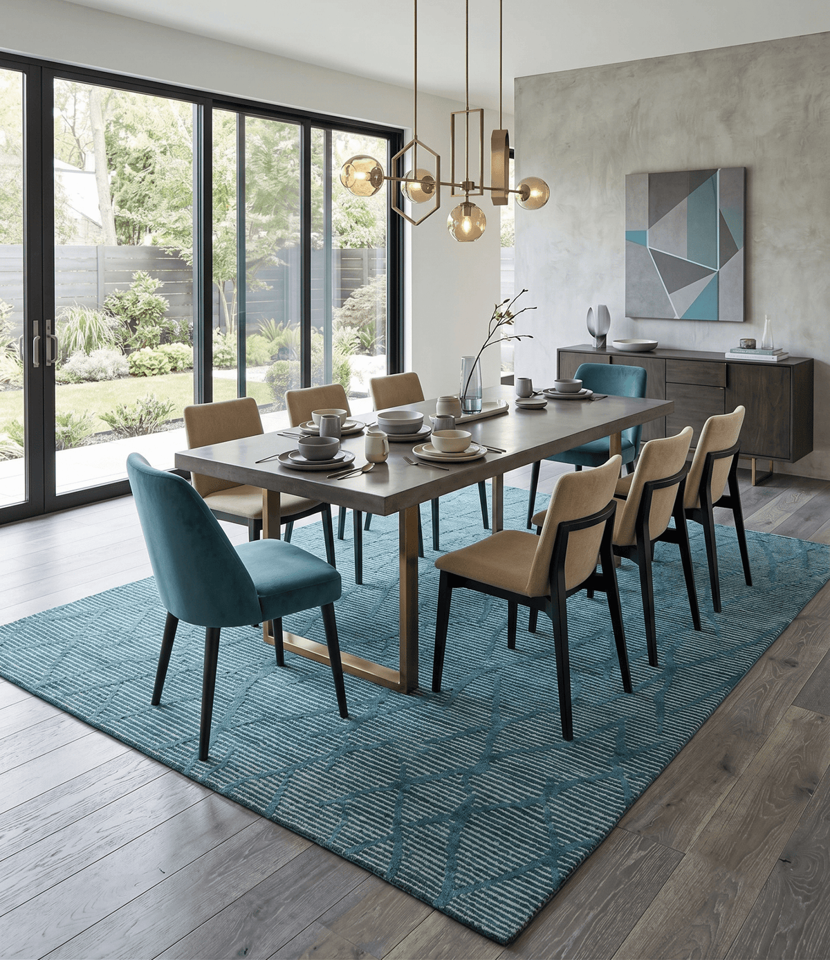 Custom Made Teal and Ivory Modern Stripes Design Hand Knotted wool Area Rug