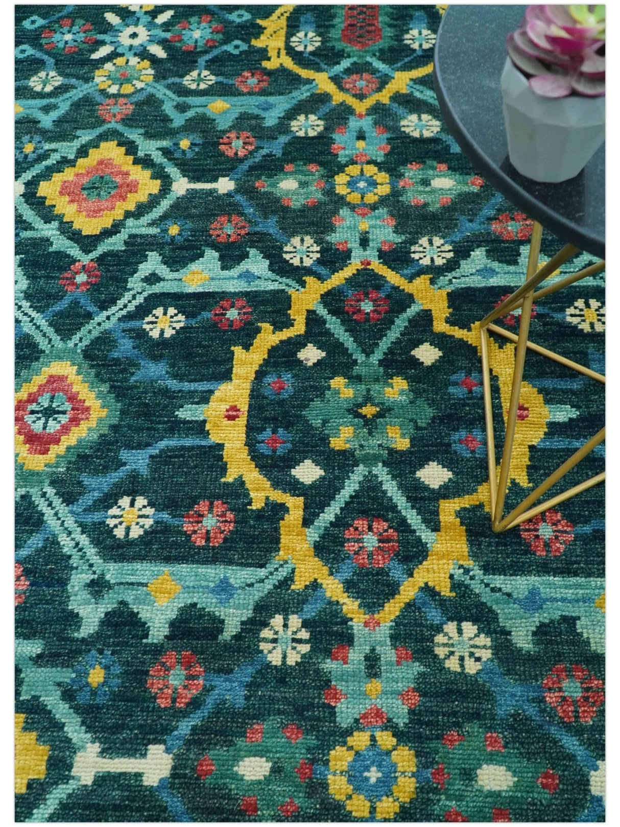 Custom Made Teal And Mustard Traditional Floral Motifs Hand Knotted Wool Rug