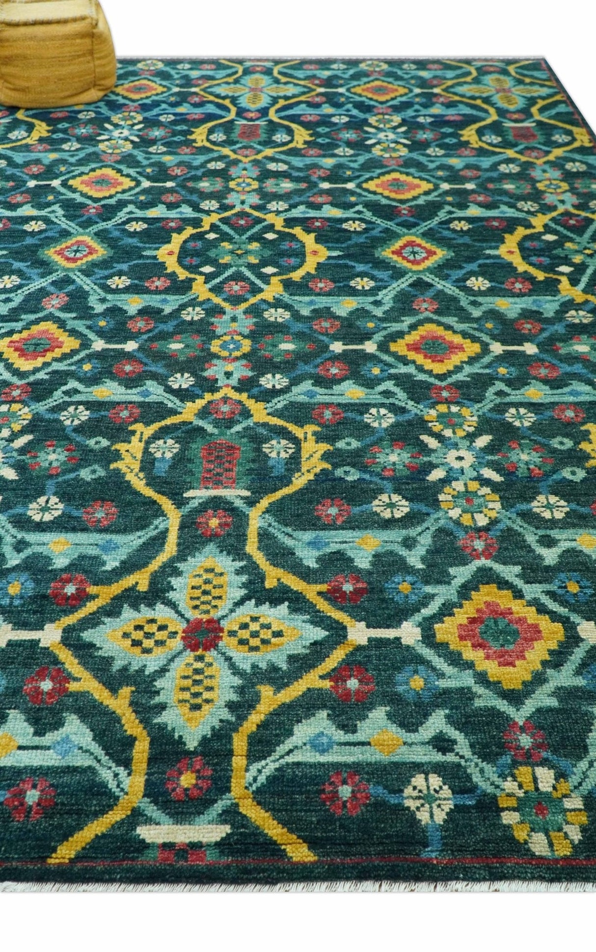 Custom Made Teal And Mustard Traditional Floral Motifs Hand Knotted Wool Rug