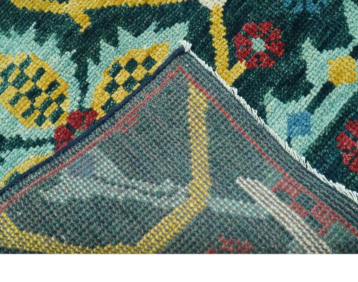 Custom Made Teal And Mustard Traditional Floral Motifs Hand Knotted Wool Rug