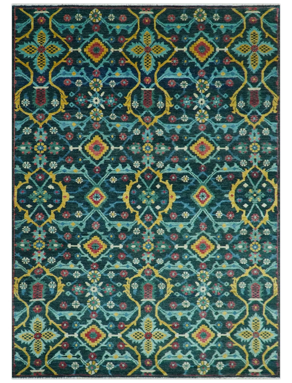 Custom Made Teal And Mustard Traditional Floral Motifs Hand Knotted Wool Rug