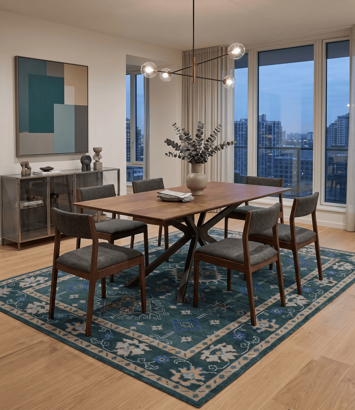 Custom Made Teal, Blue, Peach and Silver Hand Knotted Traditional Heriz wool Area Rug
