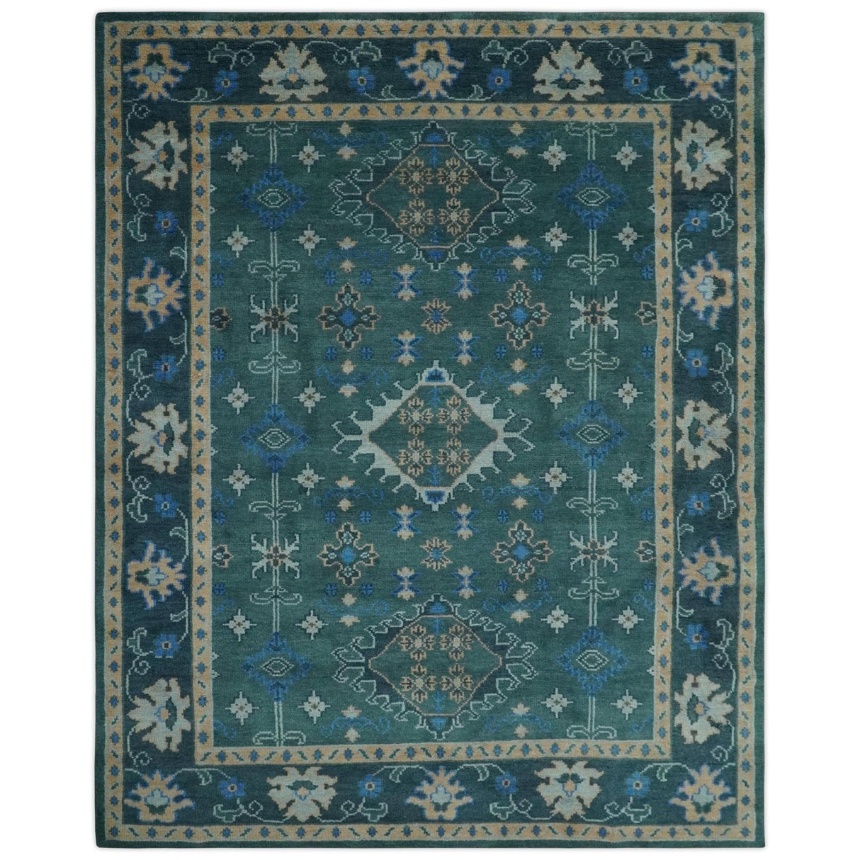 Custom Made Teal, Blue, Peach and Silver Hand Knotted Traditional Heriz wool Area Rug