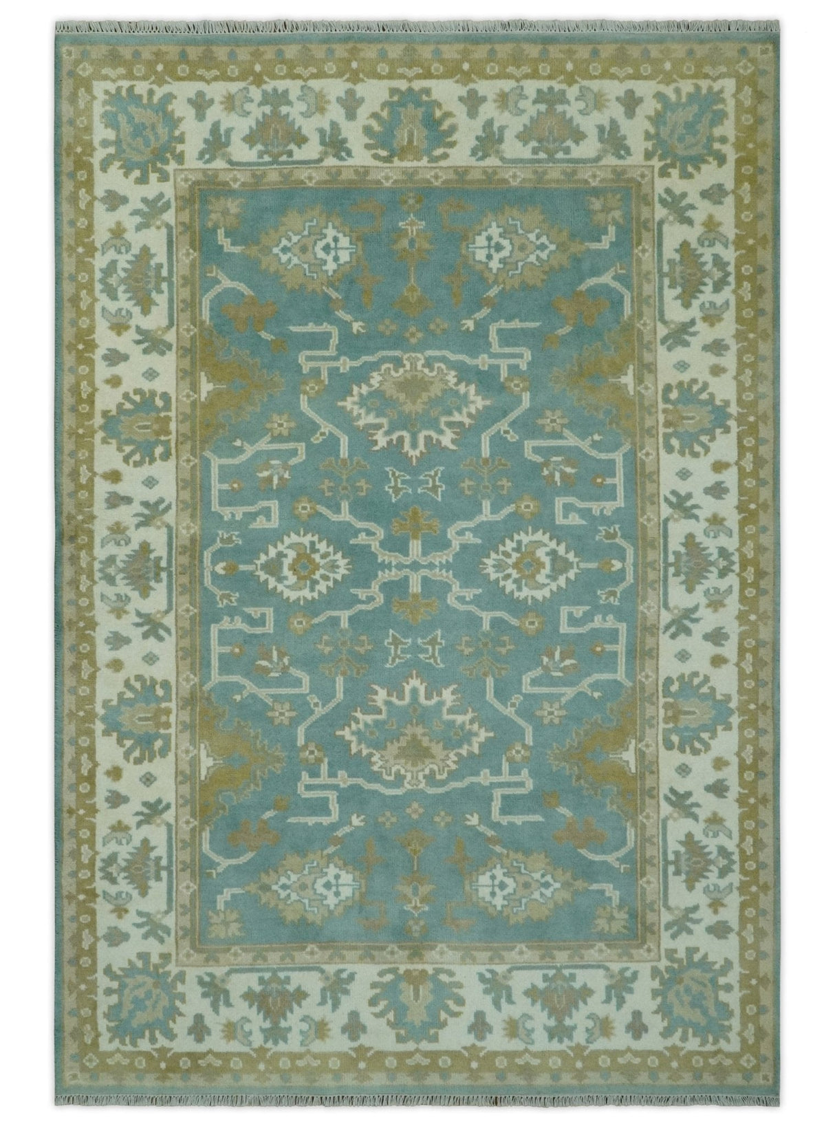 Custom Made Teal, Ivory and Olive Hand Knotted Traditional Oriental Oushak wool rug