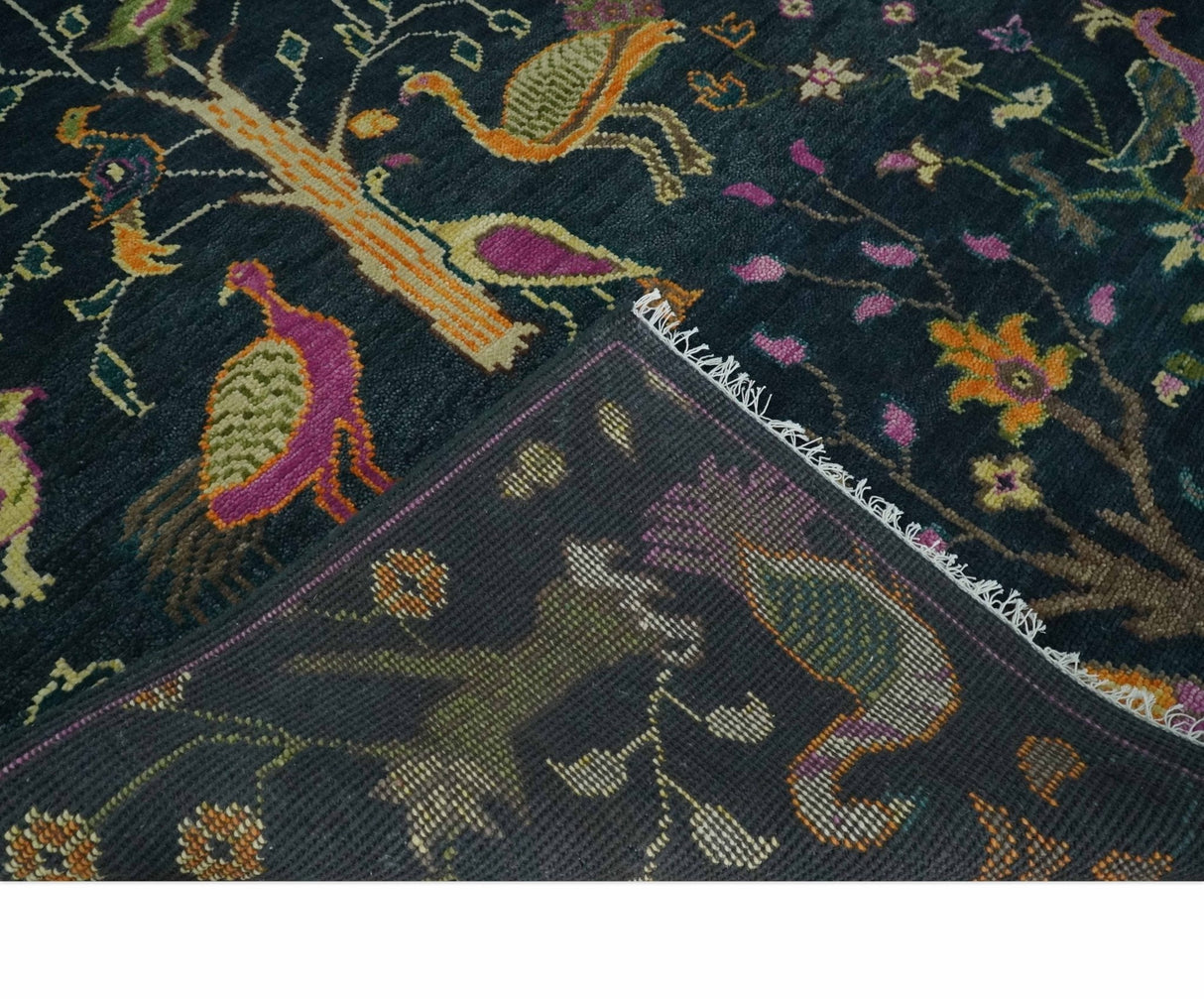 Custom Made The Jungle Life Peacock on tree Rug Hand Knotted Blue and Green Wool Rug