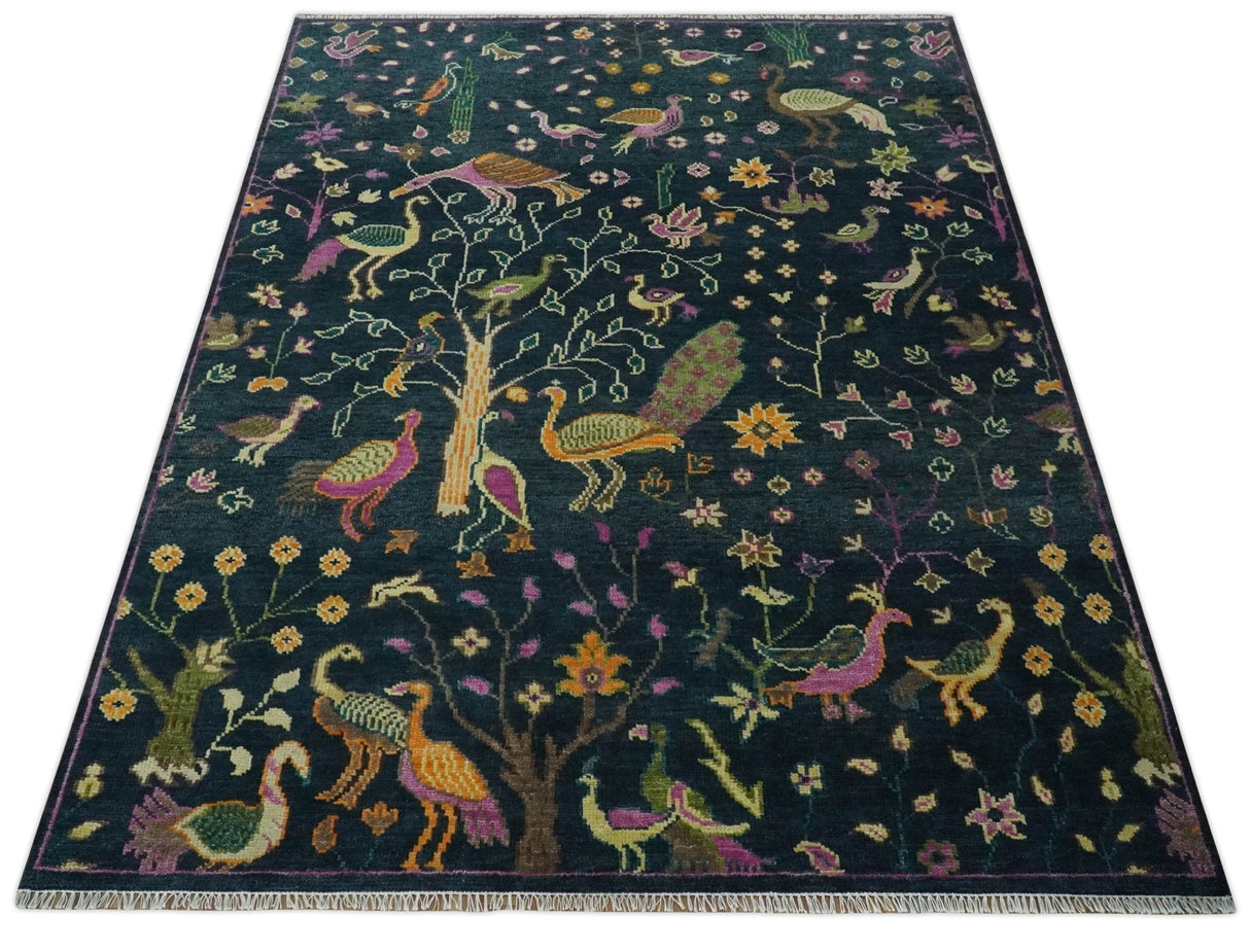 Custom Made The Jungle Life Peacock on tree Rug Hand Knotted Blue and Green Wool Rug