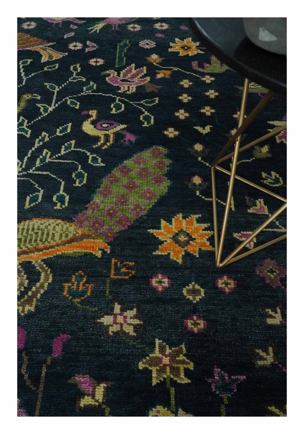 Custom Made The Jungle Life Peacock on tree Rug Hand Knotted Blue and Green Wool Rug