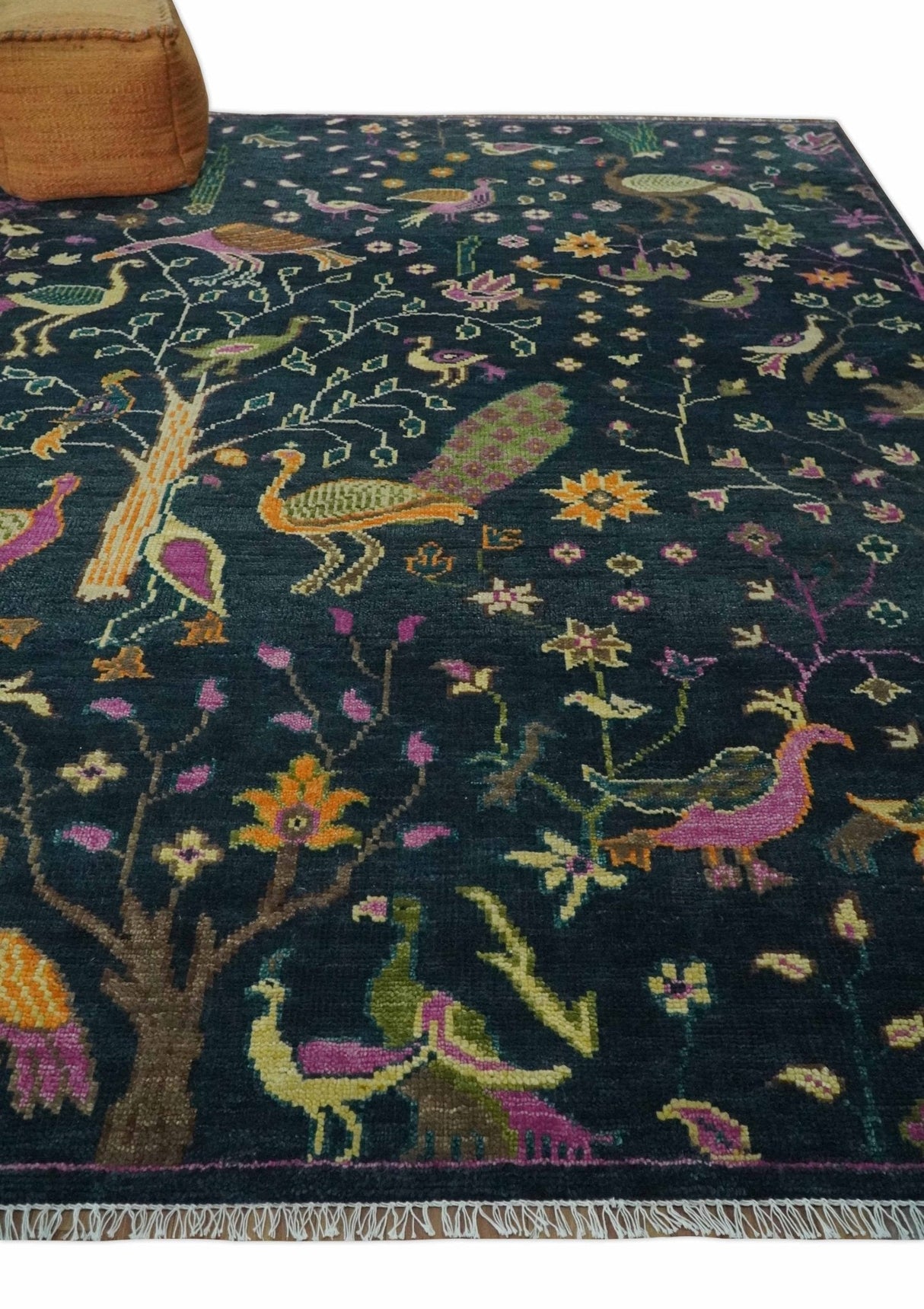 Custom Made The Jungle Life Peacock on tree Rug Hand Knotted Blue and Green Wool Rug
