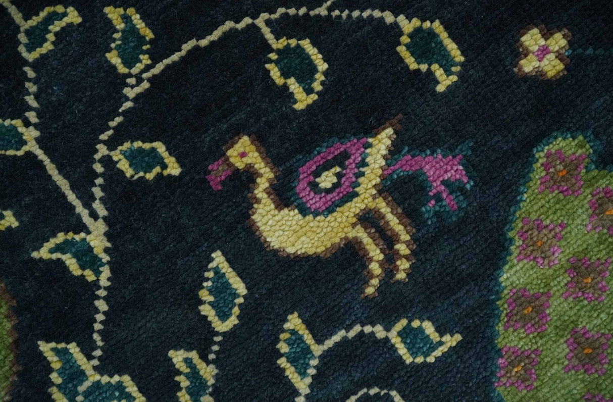 Custom Made The Jungle Life Peacock on tree Rug Hand Knotted Blue and Green Wool Rug
