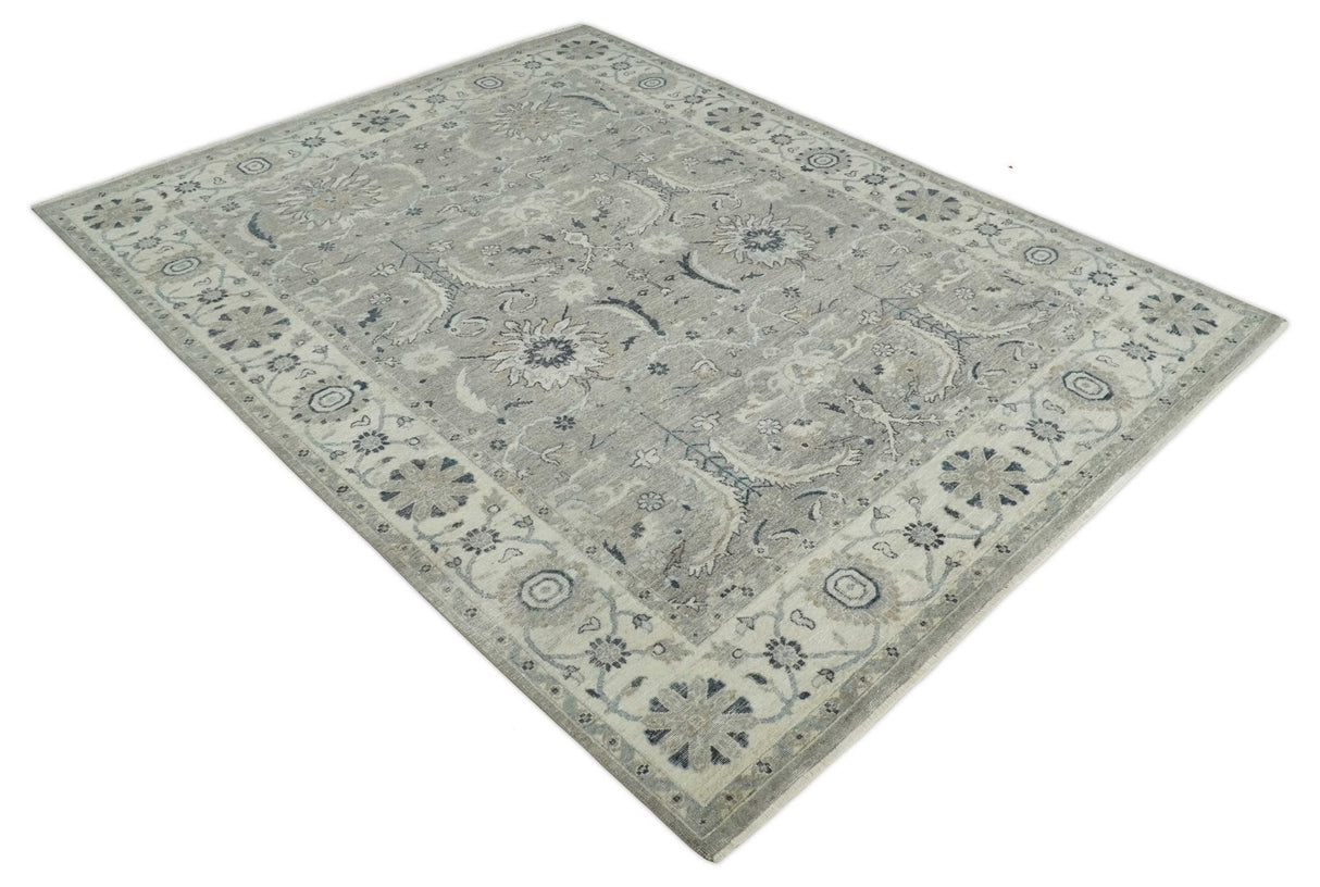 Custom Made Traditional Antique Distressed Gray and Beige Hand Knotted Wool Area Rug