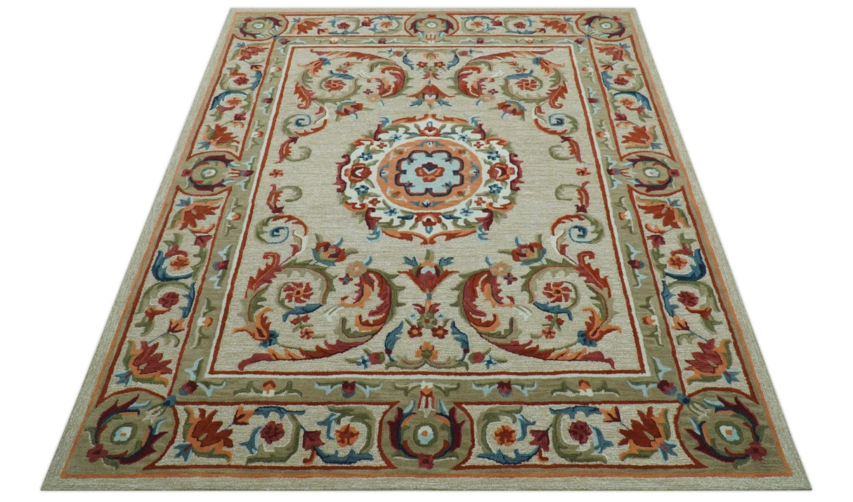 Custom Made Traditional Aubusson Design Beige And Brown Hand Tufted Wool Area Rug
