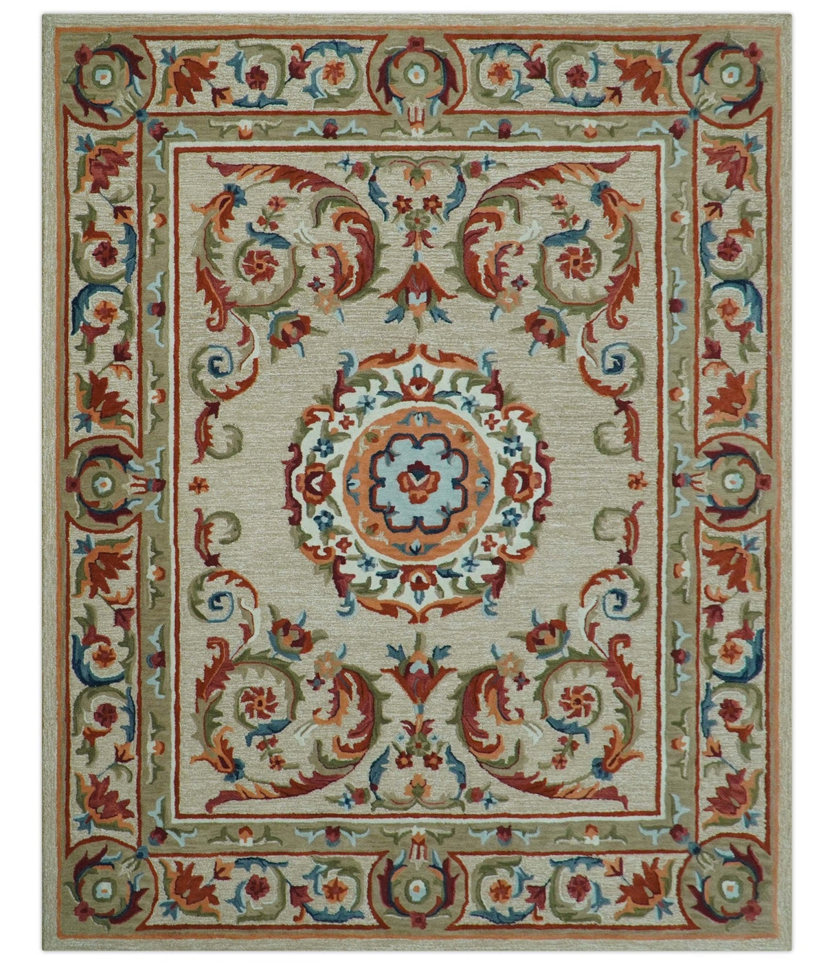 Custom Made Traditional Aubusson Design Beige And Brown Hand Tufted Wool Area Rug