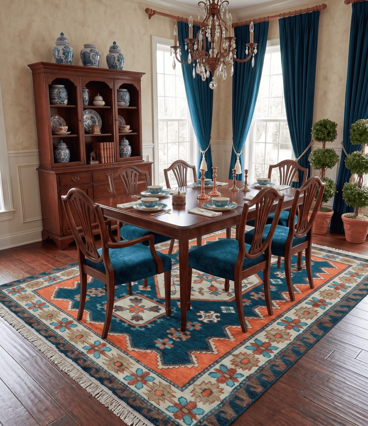 Custom Made Traditional Blue And Ivory Hand Knotted Wool Rug