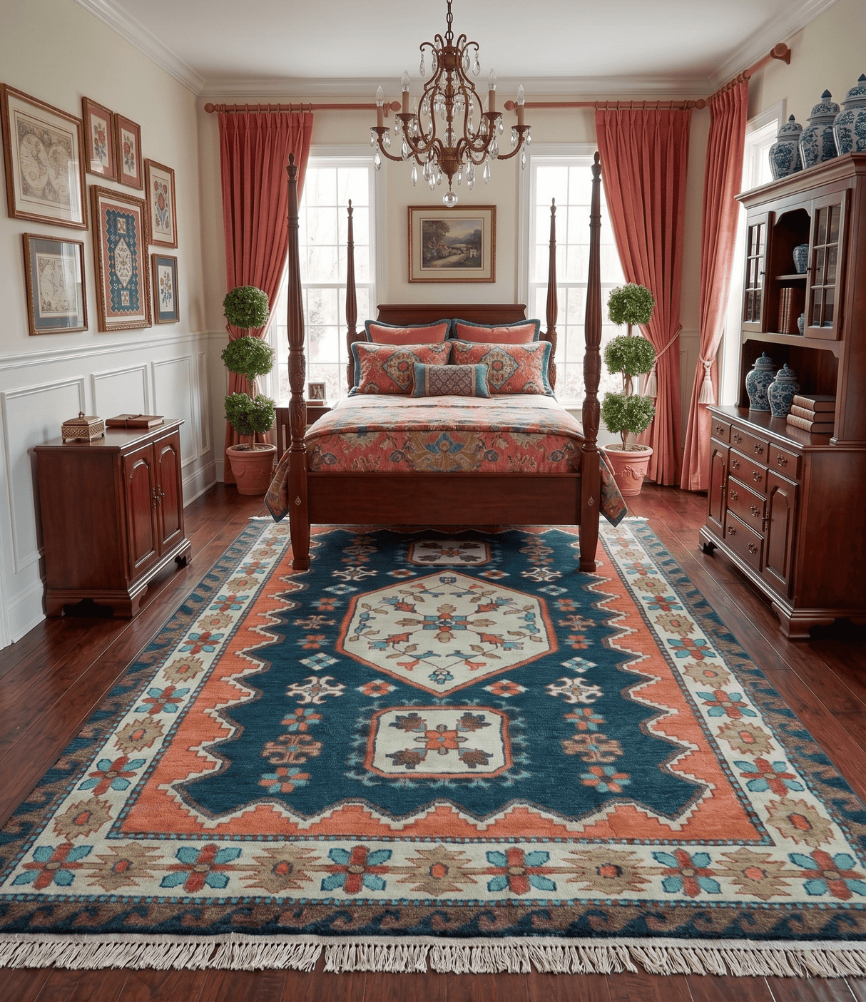 Custom Made Traditional Blue And Ivory Hand Knotted Wool Rug