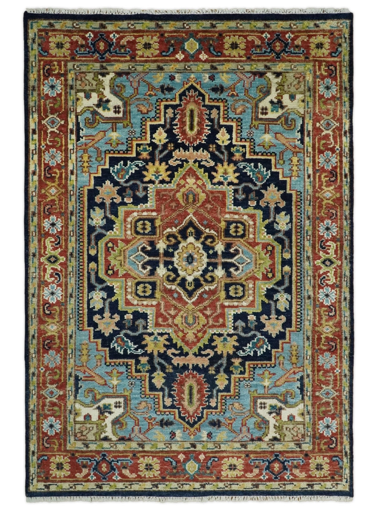 Custom Made Traditional Blue and Rust Hand Knotted Wool Area Rug