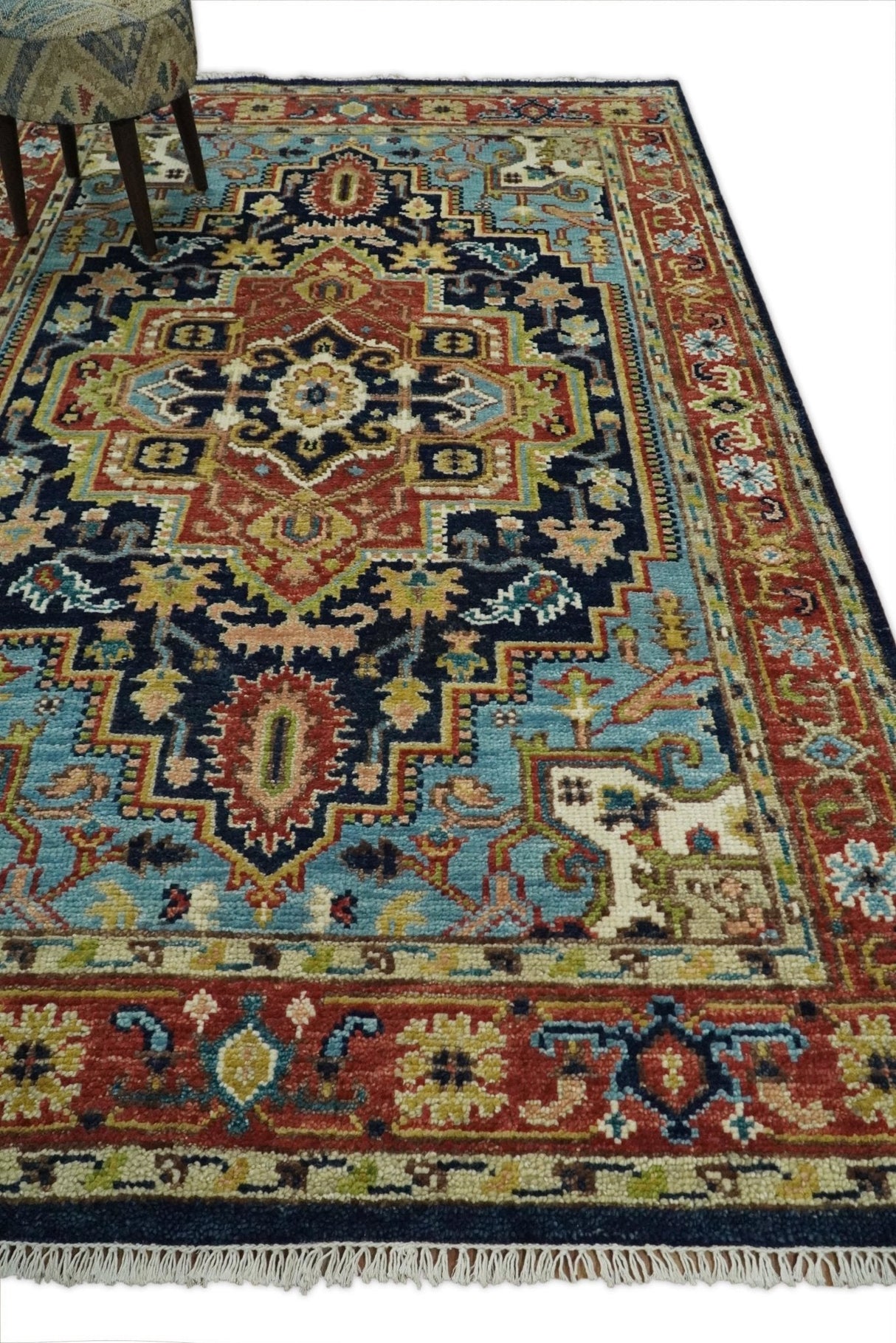 Custom Made Traditional Blue and Rust Hand Knotted Wool Area Rug