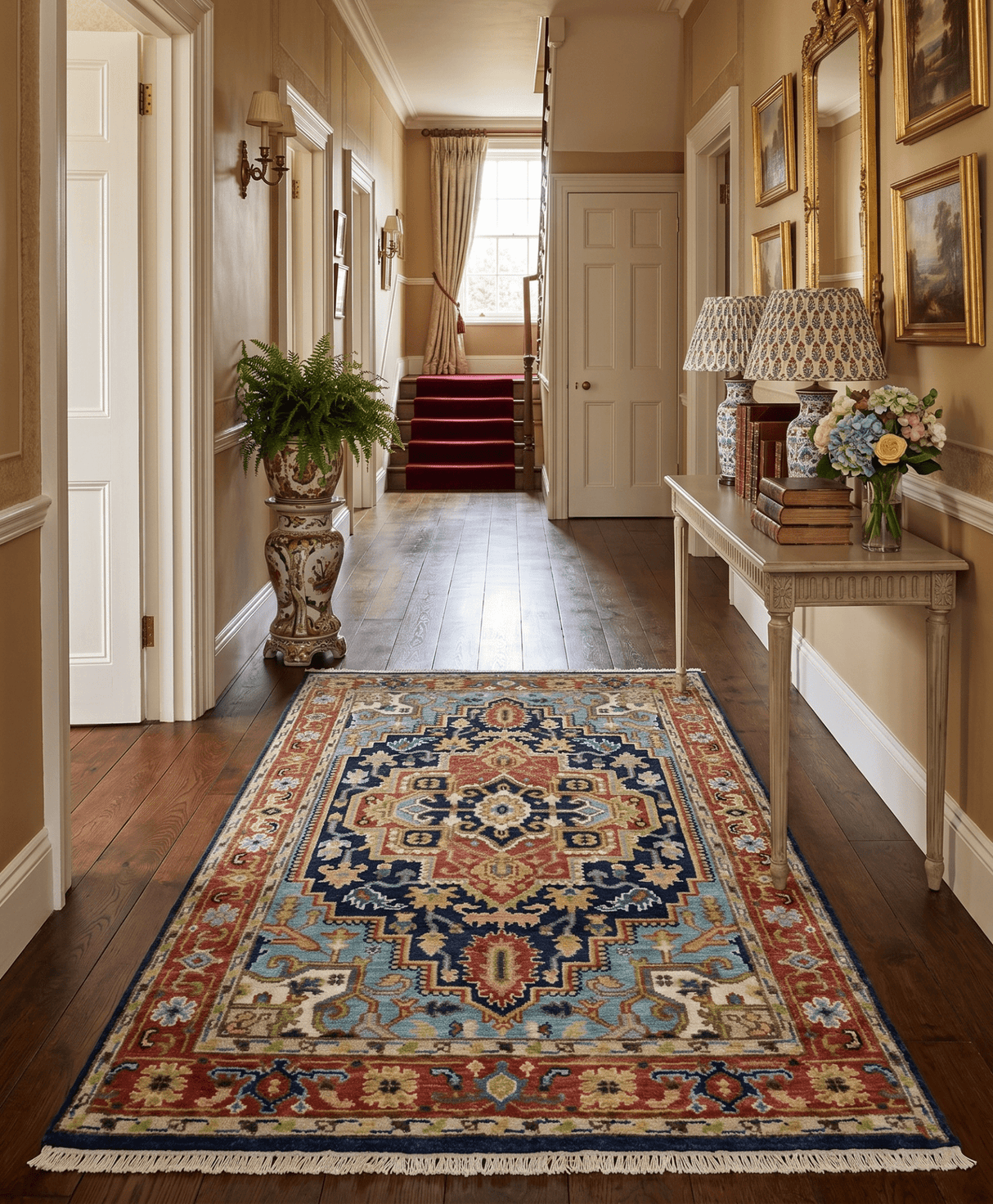 Custom Made Traditional Blue and Rust Hand Knotted Wool Area Rug