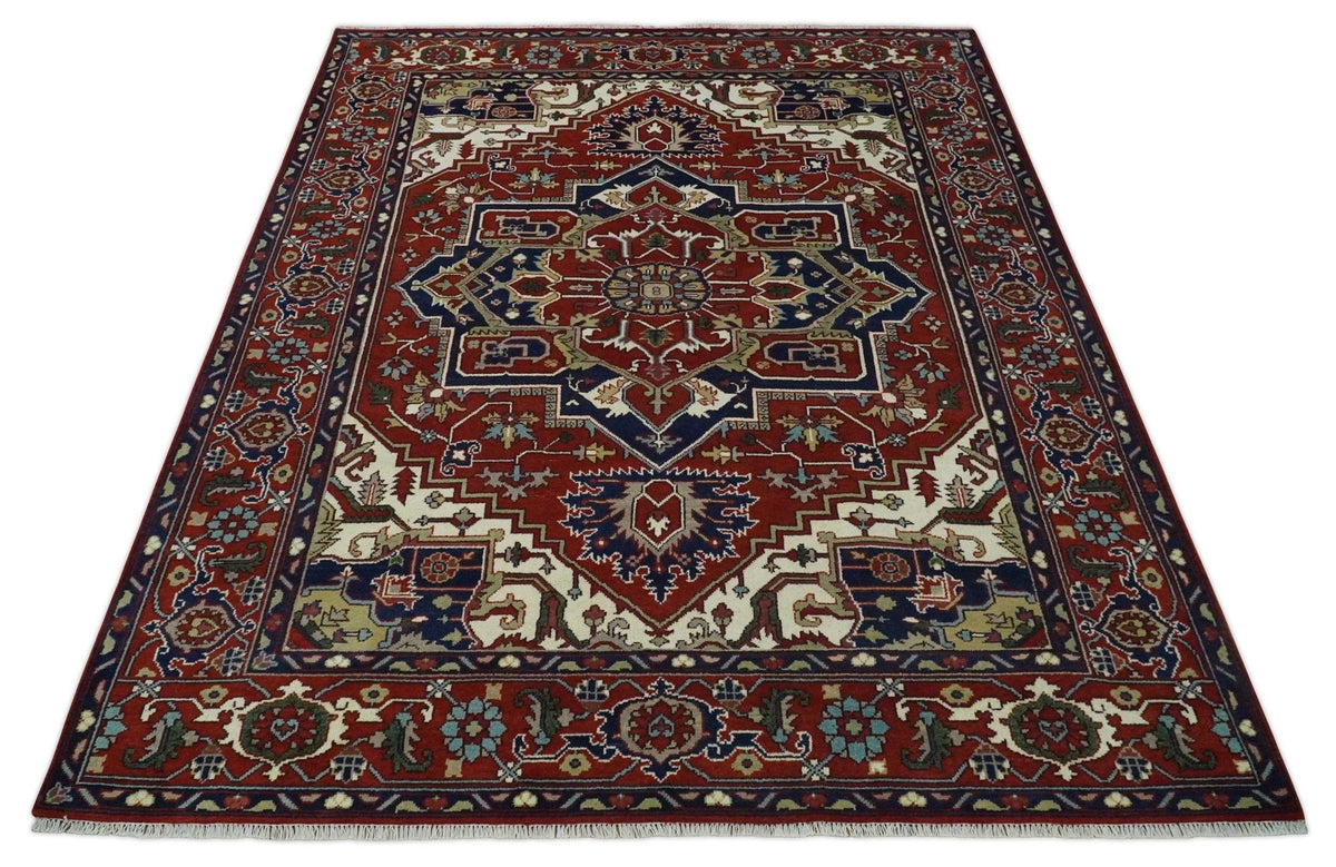 Custom Made Traditional Brown, Ivory and Blue Hand knotted Multi Size wool Area Rug