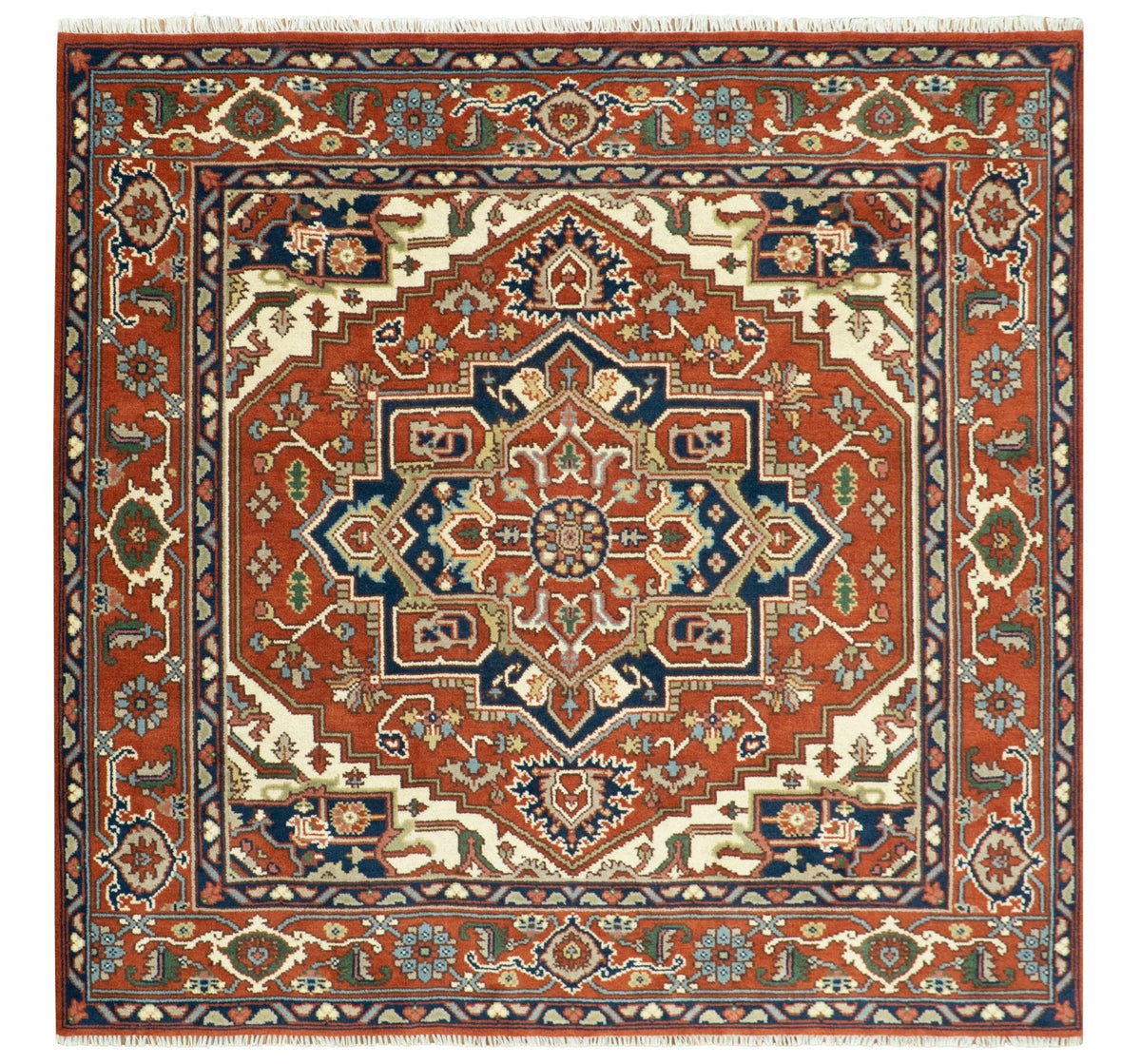 Custom Made Traditional Brown, Ivory and Blue Hand knotted Multi Size wool Area Rug