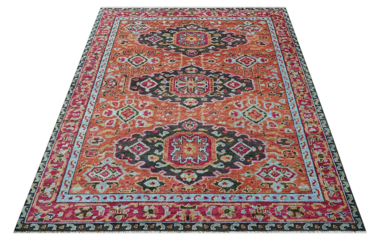 Custom Made Traditional Central Medallions Design Rust And Black Hand Knotted Wool Rug