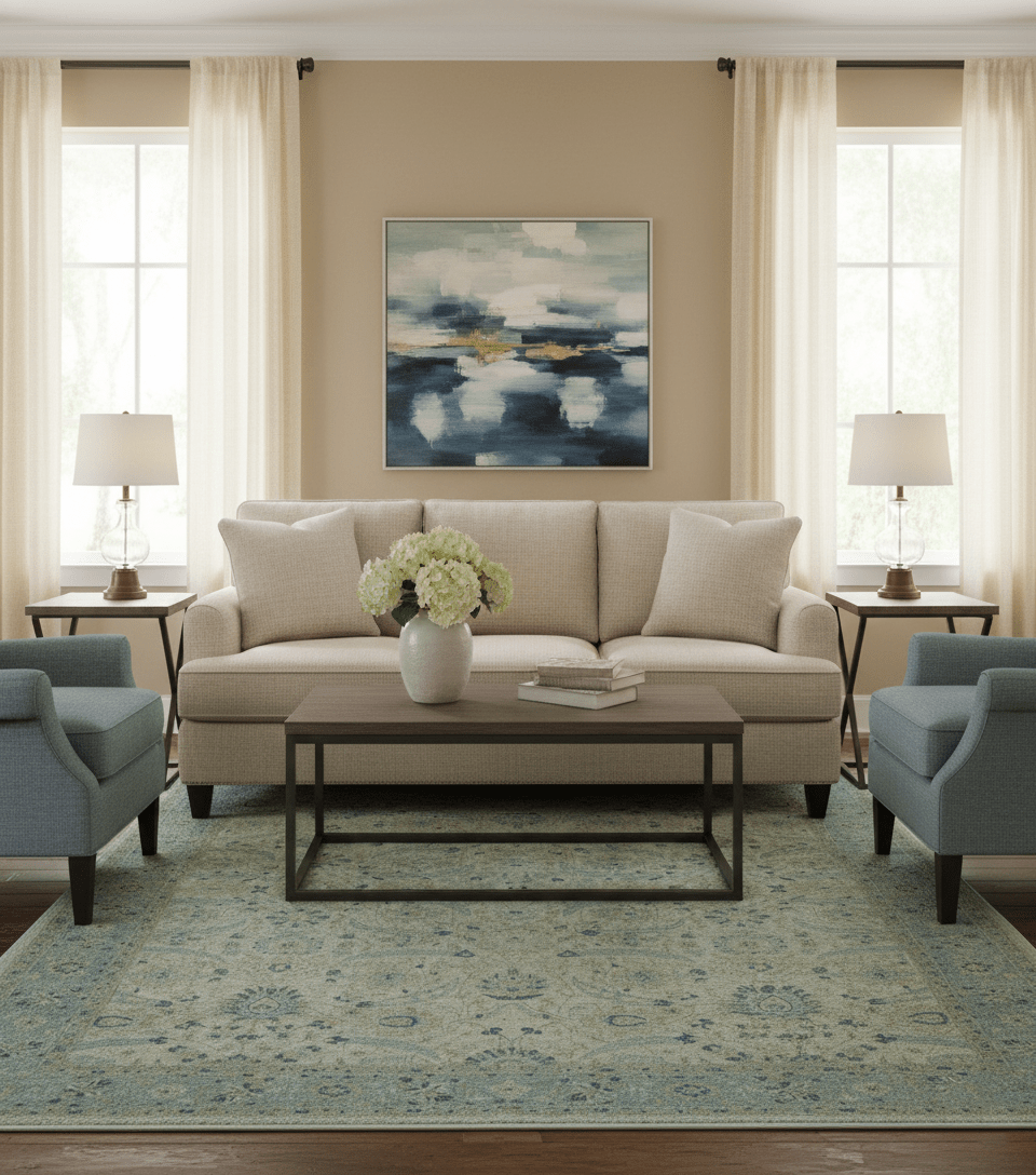 Custom Made Traditional Distressed Blue And Beige Hand Knotted wool area rug