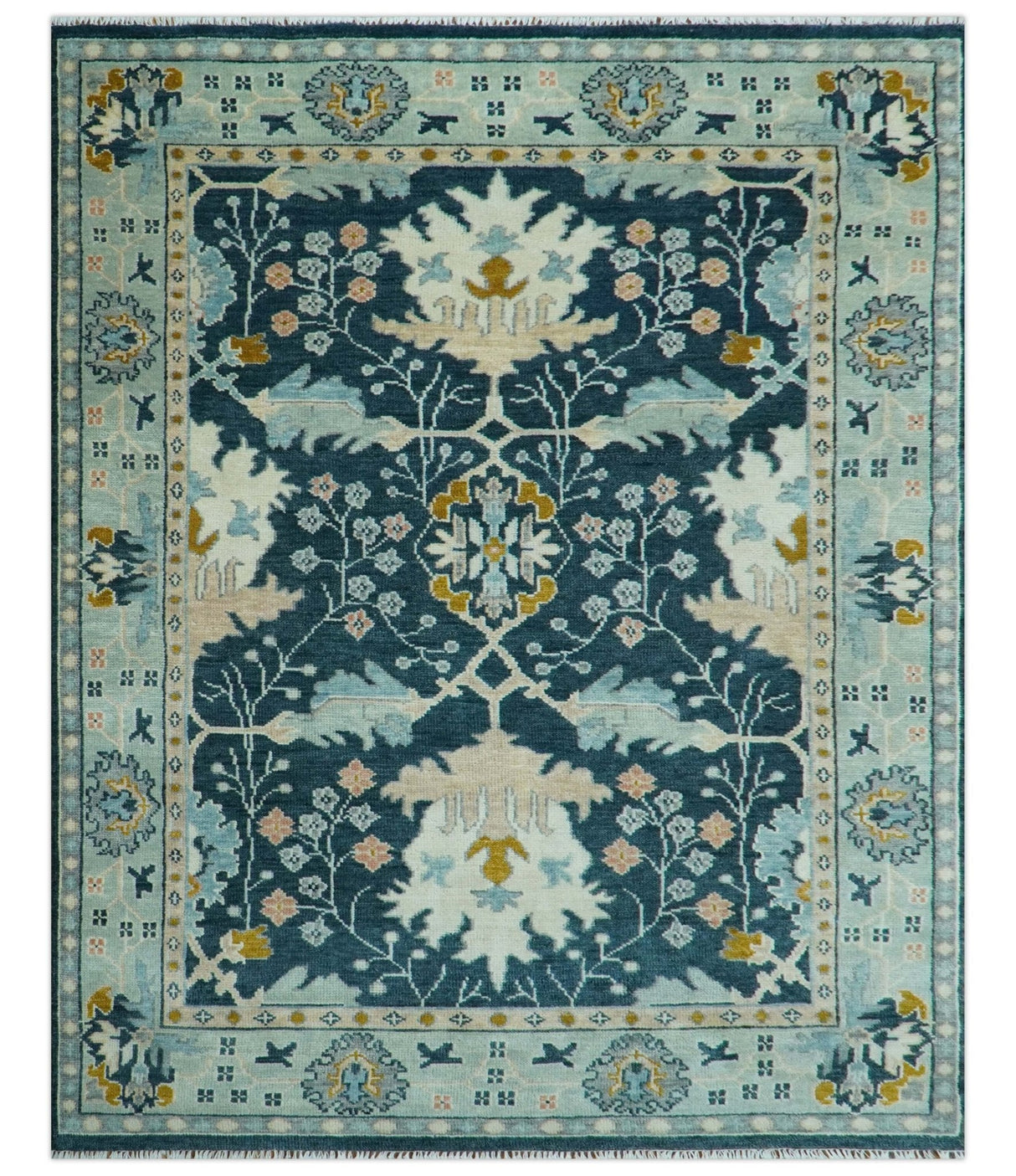 Custom Made Traditional Donegal Design Blue Hand Knotted wool area rug