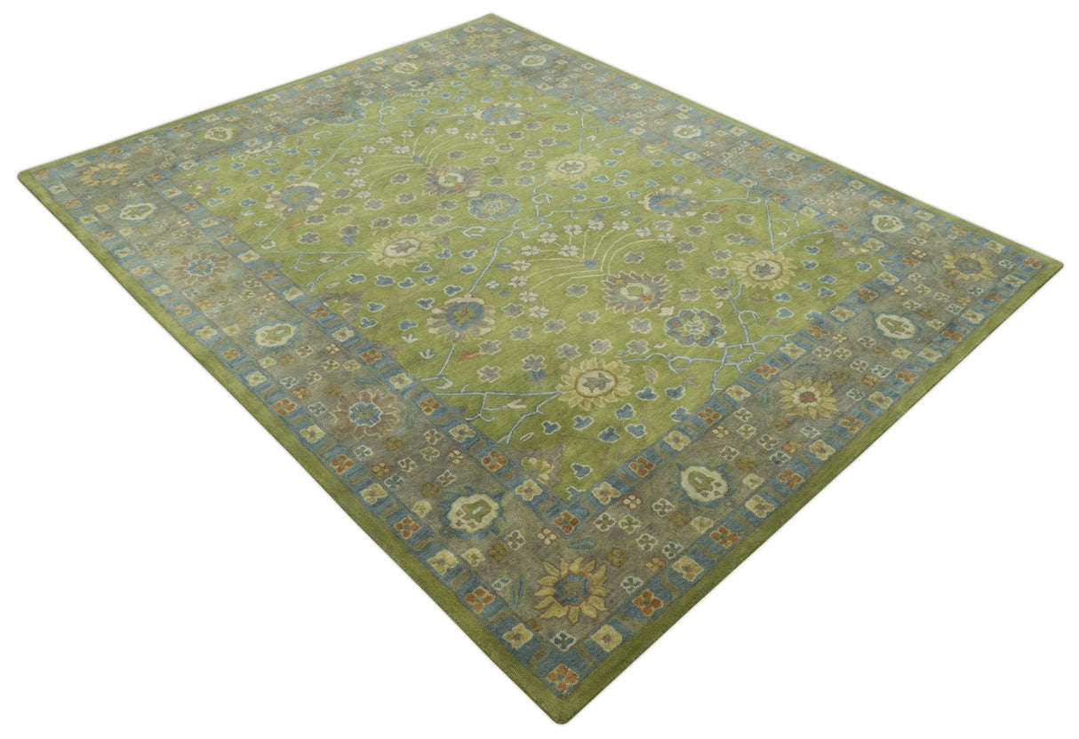 Custom Made Traditional Floral Design Green And Blue Hand Tufted wool Area Rug