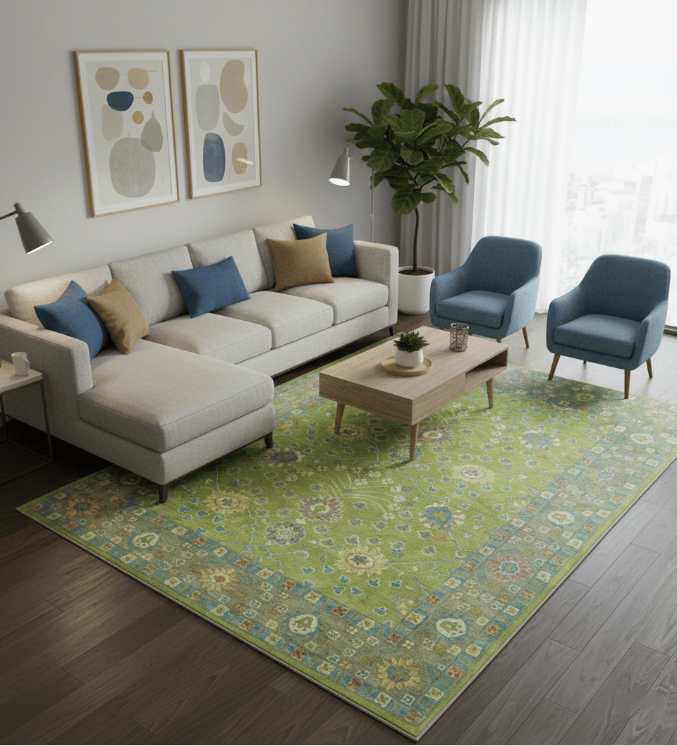 Custom Made Traditional Floral Design Green And Blue Hand Tufted wool Area Rug