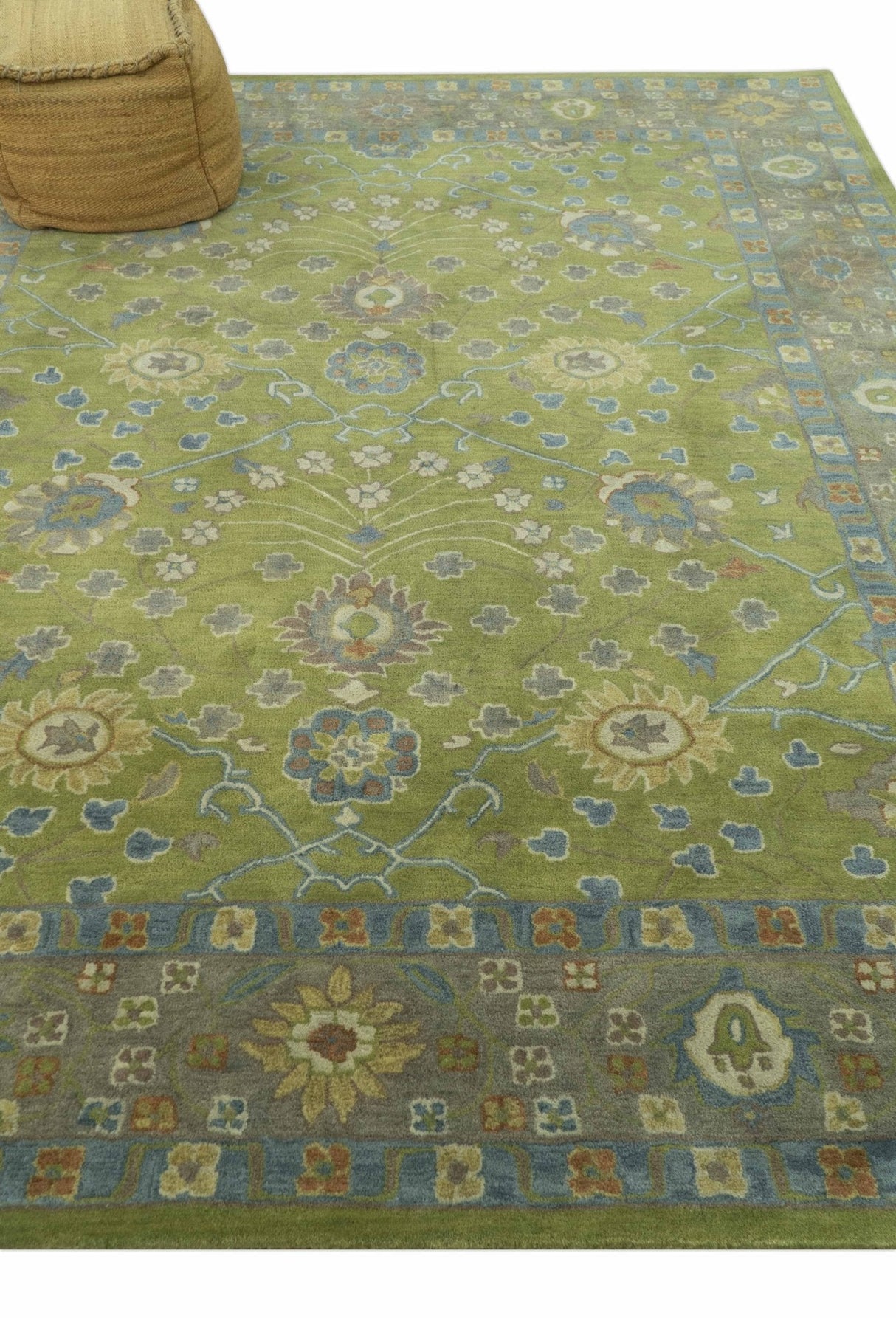 Custom Made Traditional Floral Design Green And Blue Hand Tufted wool Area Rug